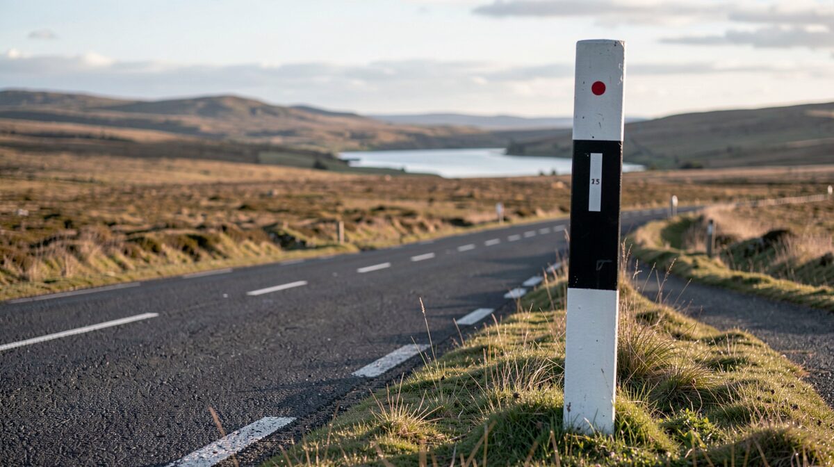 A single-track road on the Isle of Lewis with a black and white passing place post in the foreground, low afternoon light across flat moorland, a distant loch, shot from a low angle at the roadside.
